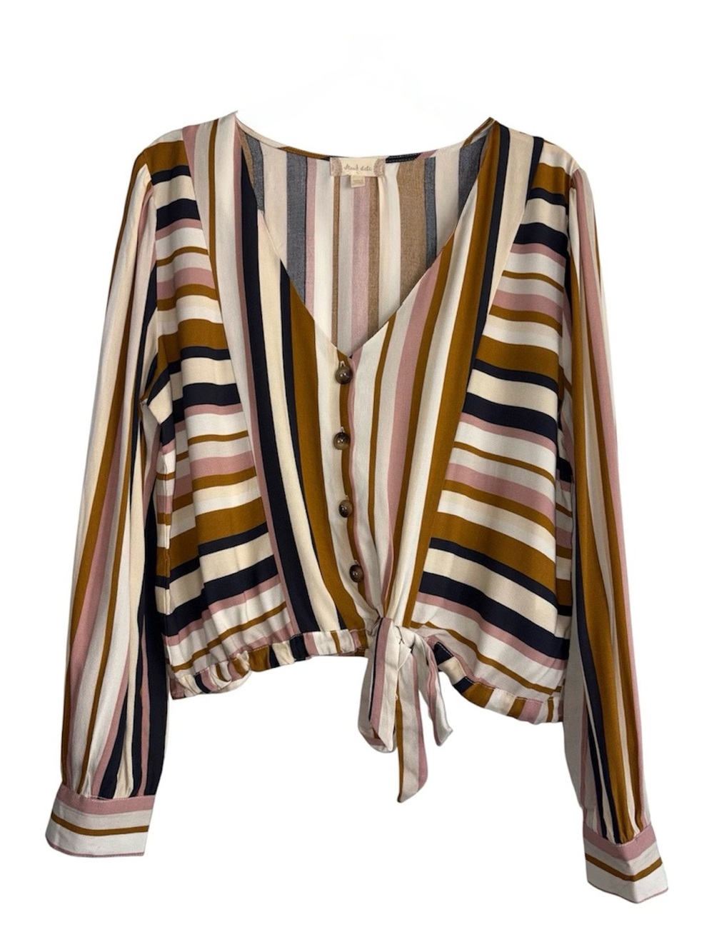 Altar'd State Striped Tie-Front Blouse in Mustard, Pink & Navy